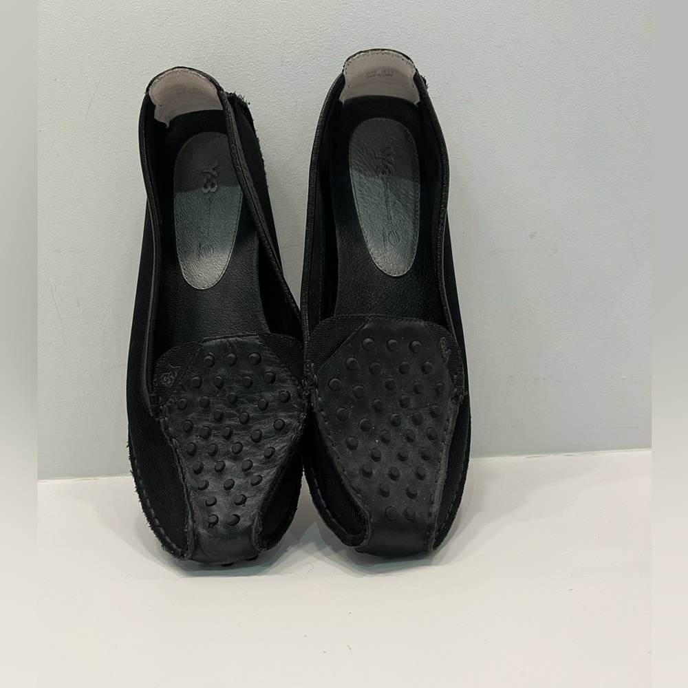 Y-3 black rubber and canvas slip on boat shoe.